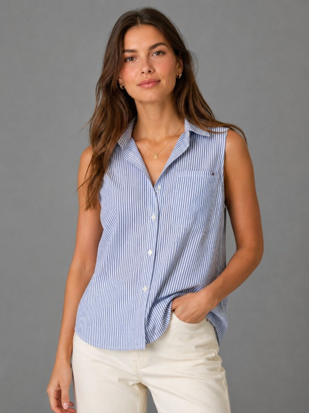 NWT Tommy Hilfiger Blue/White Pinstripe Blouse Size L